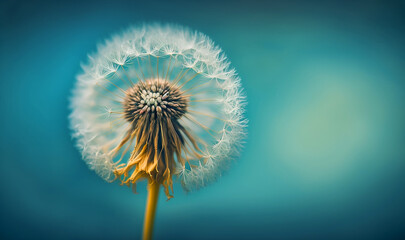 close up of dandelion on the blue background. Generative AI	