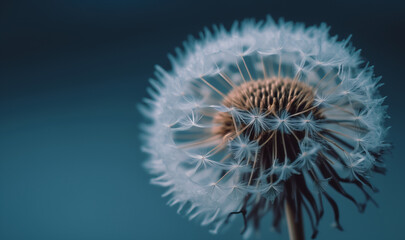 close up of dandelion on the blue background. Generative AI	