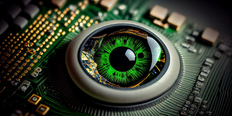 Fototapeta premium Computer vision. Electronic eye on a printed circuit board. Generative AI
