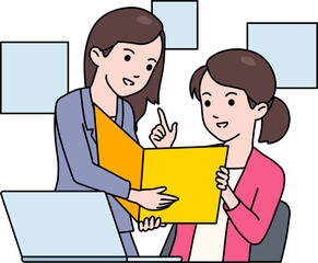 Female Entrepreneur View Documents and Talk with Secretary About the Business Illustration Scene Concept.