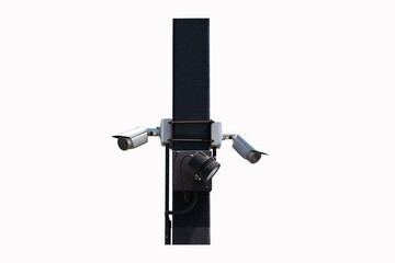 High angle photo circuit surveillance camera (CCTV) attached color black steel pole. Isolated on white background. Cameras can record events such as traffic, accidents prevent theft.