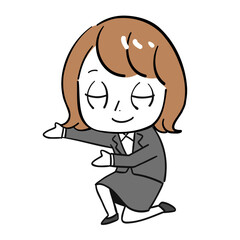 女性　片膝　案内　スーツ