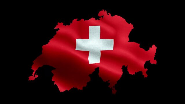 4K waving national flag of Switzerland on the map. Alpha channel seamless Swiss flag on territory. Outline geographic country border of Switzerland stock video.