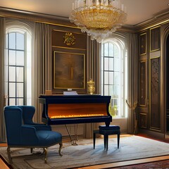 Fototapeta na wymiar A traditional living room with a fireplace and a grand piano2, Generative AI