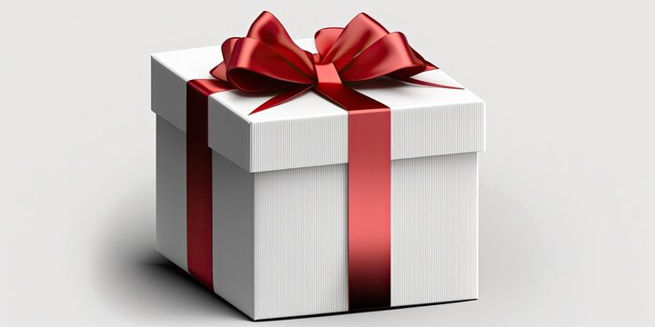 Gift Box with Red Ribbon on Grey Background