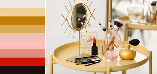 Set of makeup cosmetics with brushes and mirror on table. Different color patterns