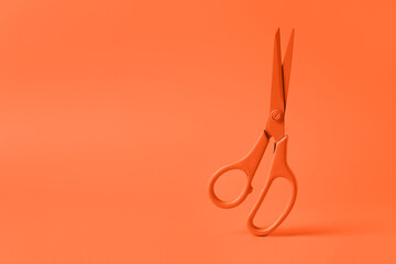Orange scissors on color background