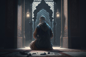 a Muslim man praying in the mosque, Ramadan, islamic background, Generative AI