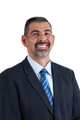 Close-up portrait of a bearded man in a suit looking at the camera on a white background.