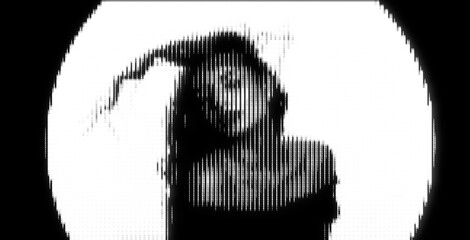 Abstract woman portrait illustration in halftone black and white television screen pixels pattern. Glitched and corrupted model body in halftone and old CRT TVs and VHS pixel style. Seductive pose