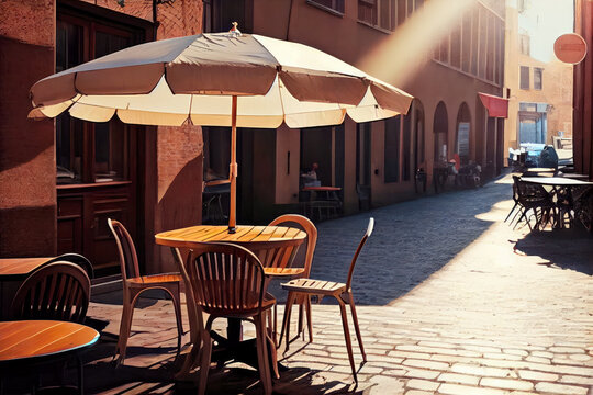 Cafe or restaurant tables and chairs outside with umbrella at morning. Generative AI.