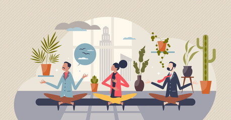 Employee wellness program or company stress free activity tiny person concept. Yoga or meditation in workplace or office for worker satisfaction, health, productivity and harmony vector illustration.