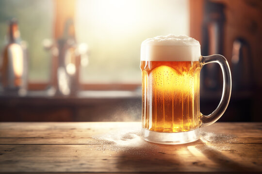 A refreshing pint of beer in an old-fashioned mug, releasing a tantalizing aroma of hops and barley.