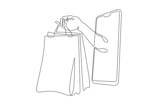 One continuous line. Hand with packages. Hand with purchases on the smartphone screen. Mobile sale. Hand with bags. One continuous line drawn isolated, white background.