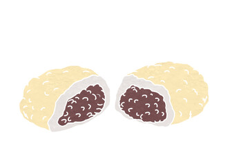 半分に割ったきな粉ぼたもちのイラスト（版画風）