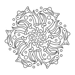 Sea mandala Coloring page. Underwater coloring book for children and adult . Anti stress Monochrome Vector illustration.