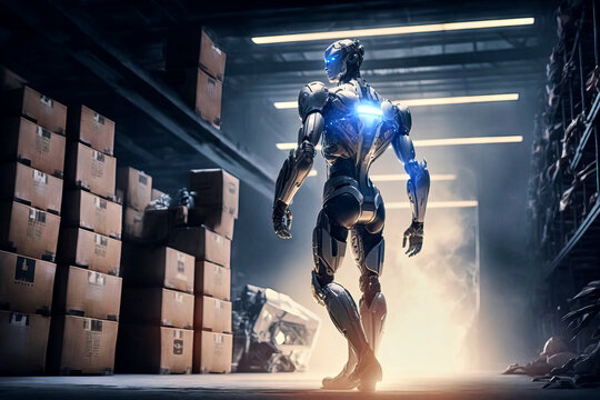 Humanoid shiny athletic muscular robot in a logistic hall on the way to the next package, made with generative ai