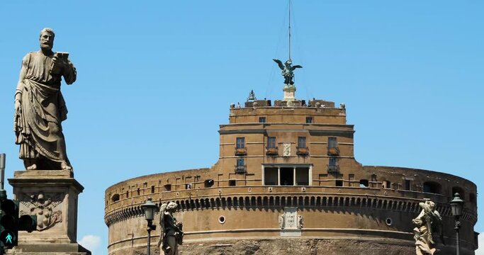 Bronze statue of Michael the Archangel, standing on top of the Castel Sant'Angelo, Rome, Italy.