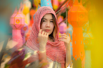 Portrait beautiful or pretty girl with traditional dress culture balloon festival in Thailand