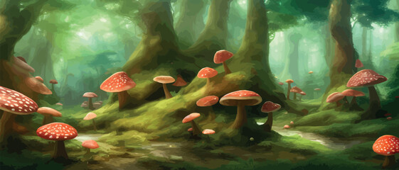 Magic sbrealistic mushrooms in the forest. Agaricus of the red fly in the forest. Mystical spotted mushrooms. Vector illustration banner. surreal mushroom illustration