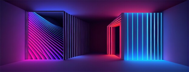 Neon lights, a laser display, glowing lines, an abstract fluorescent background, an optical trick, a space, a hallway, or the interior of a nightclub. Generative Ai illustration. 