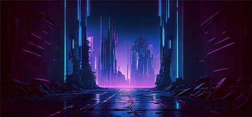 Post-apocalyptic idea on a neon backdrop with blazing ultraviolet vertical lines representing cyber space and a cityscape in virtual reality. Generative Ai illustration. 
