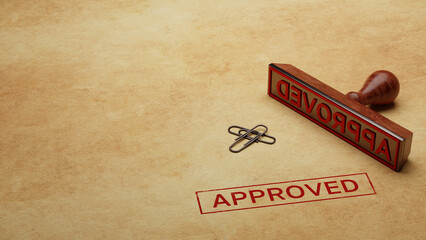 APPROVED rubber stamp over paper background with copy space. Agreement or approval concept. 3D Illustration