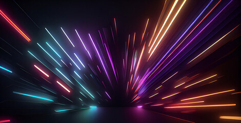3d render, abstract neon background, highway night lights, space tunnel turning to left. Ultra violet rays, glowing lines, virtual reality jump, speed of light, space and time strings. Ai generative.