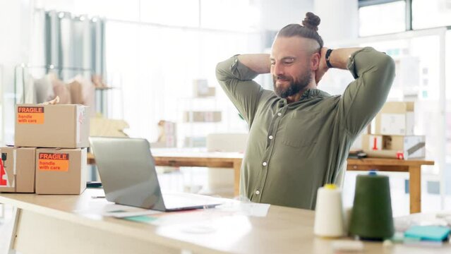 Laptop, watch and happy business man done with export data, e commerce shipping entry or package distribution info. Smartwatch notification, stretching and person finished with ecommerce supply chain