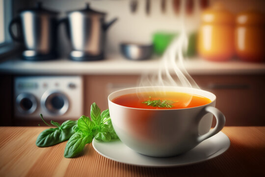 A warming kitchen scene with tomato soup in a bowl, giving off a comforting wave of heat and steam. AI generative