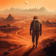 An astronaut on mars in the future - obrazy, fototapety, plakaty