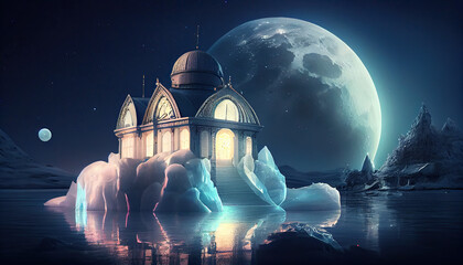Aurora-Lit Mosque on an Iceberg with Alien Moons in the Distance Created Using Generative Ai