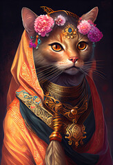 Whimsical Cat in a Beautiful Sari with Intricate Details and Floral Accents Created Using Generative Ai