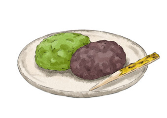 皿にのせた抹茶と粒あんのぼたもちのイラスト（水彩風）