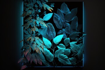 Image of leaves over blue neon rectangle on black background