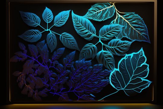 Image of leaves over blue neon rectangle on black background
