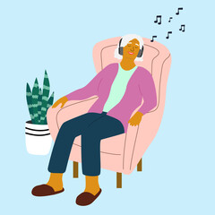  Elderly woman listening the music and relaxing . Concept of health care, happiness, goodmood of elderly people . Harmony and Balance life on the retirement. Flat Vector illustration