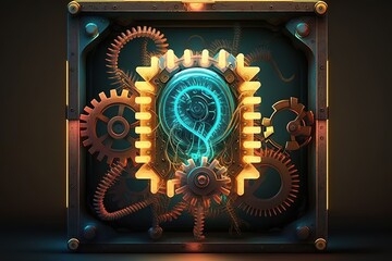 Square neon light bulb with gears and cogs working together as a background for your design, hyperrealism, photorealism, photorealistic