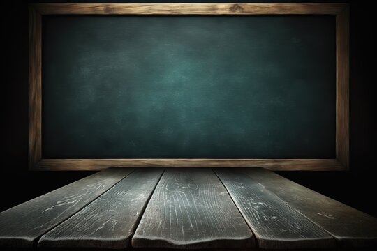 Empty wooden table over chalkboard background