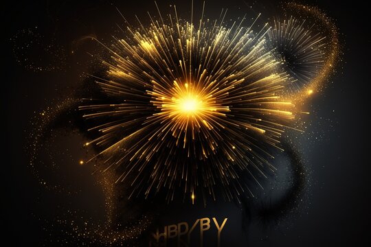 Image of new year's eve greetings and yellow fireworks exploding on black background