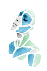 Portrait of person with shape of gray and blue polygons on face, neck, shoulders. Geometrical...