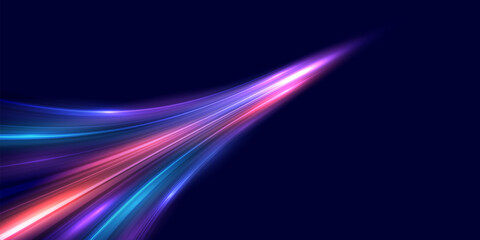 Modern abstract high speed movement. Dynamic motion light trails on dark blue background. Futuristic, technology pattern for banner or poster design background concept. Vector EPS10.