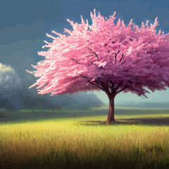 Obraz na płótnie Canvas blooming pink sakura in the meadow vector illustration. Japanese cherry trees on a green meadow, Spring landscape with a single blooming cherry tree sakura