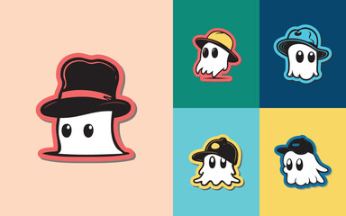 Illustration sheet of a Ghost using a hat in a colorful background