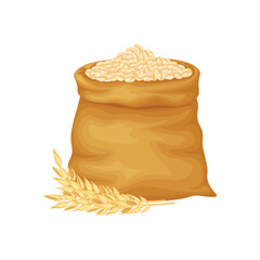 Oatmeal. Oatmeal in a bag. A large bag of oat grains and a wooden scoop. Cereals. Vector illustration isolated on a white background
