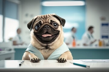Cute pug wearing doctor uniform. Purebred dog happiness. Generative AI