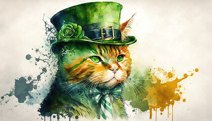 St. Patrick's Day celebration background in watercolor style. Leprechaun cat in green hat Generative ai