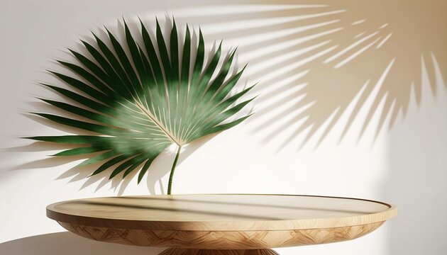 Wooden round podium on beige background with palm leaf shadow. generative ai