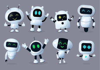 Robots character vector set design. Robotic characters isolated for robot cyborg digital ai collection. Vector illustration robot retro character. 
