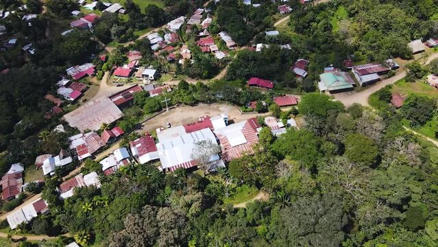 Aerial drone shot from the land of the Boruca community in Costa rica. Descending movement over houses and roads.
